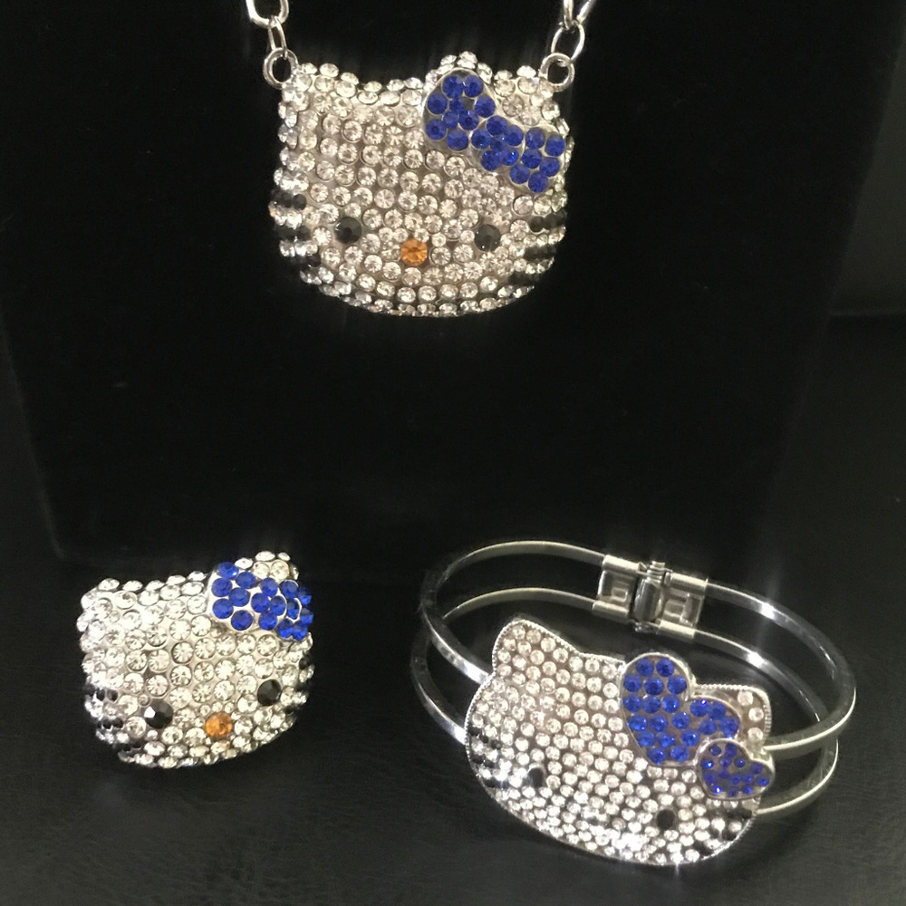 X Large Hello Kitty 3 Piece Crystal Set Necklace; Bracelet & Ring Blue